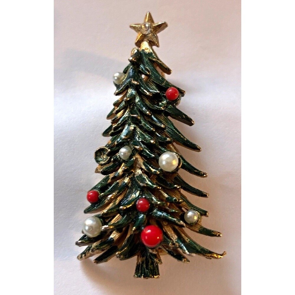 Vintage Signed ROMA Christmas Tree Brooch Pin, Green Enamel Faux Pearl Red 1960s